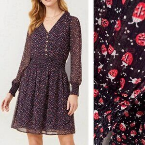 NEW Ann Taylor LOFT Petite Small (PS) Ladybug Smocked Mini Dress Black Red